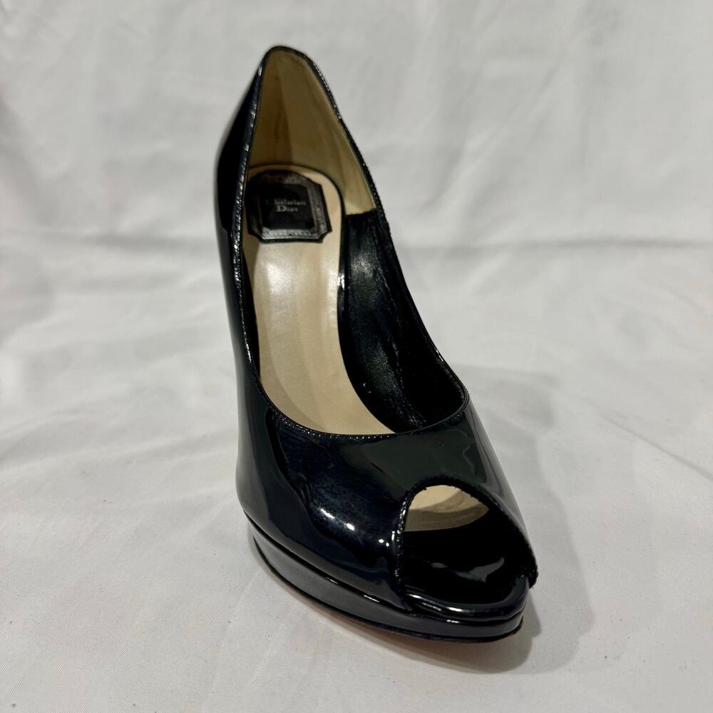 Christian Dior Black Patent Peep Toe Platform Heel Single Shoe 38.5
